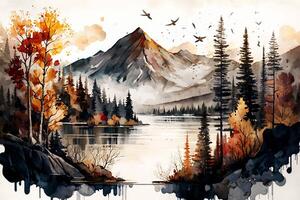 aquarelle paysage avec montagnes, forêt et rivière dans devant. magnifique paysage. génératif ai photo