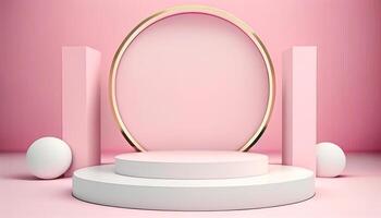 minimal blanc podium ou Plate-forme avec espace pour produit présentation ou La publicité concept. vide afficher étape avec rose Contexte. gratuit réaliste 3d illustration scène par ai généré. photo