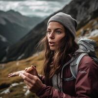 femme dans le montagnes établi en utilisant génératif ai photo