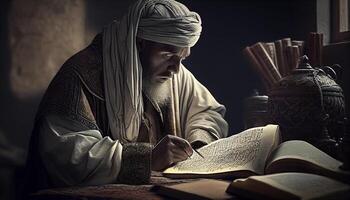 illustration de musulman homme en train de lire Al Quran établi avec ai outils photo