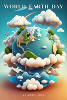 3d ultra réaliste dessin animé illustration de planète Terre entouré par nuages, génératif ai photo