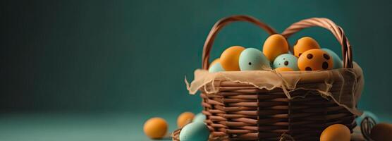 le Pâques panier avec coloré des œufs et une peu bonbons, dans le style de minimaliste arrière-plans, lapin avec des œufs avec une boîte, dans le style de doux Couleur mélange, illustration génératif ai photo