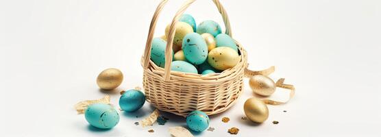 le Pâques panier avec coloré des œufs et une peu bonbons, dans le style de minimaliste arrière-plans, lapin avec des œufs avec une boîte, dans le style de doux Couleur mélange, illustration génératif ai photo