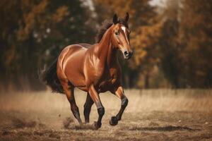 marron cheval galopant dans le champ. illustration ai génératif photo