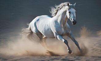 blanc cheval galopant dans le désert. illustration ai génératif photo