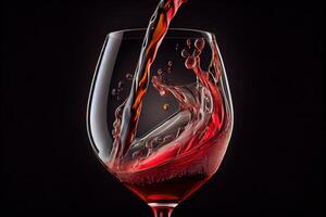 génératif ai illustration de rouge du vin est étant versé de bouteille dans Facile du vin verre, sur une table avec incroyable nourriture photo