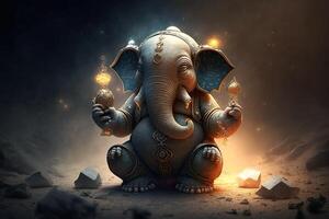 génératif ai illustration de ganesha hindou Dieu , avec fleurs, pétrole La peinture pris en haut dans paradis, séance dans de face de bokeh mandala Contexte photo