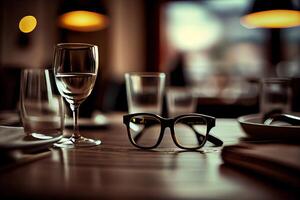 génératif ai illustration de une restaurant table avec une verre de blanc vin, doux d'or lumière, coûteux restaurant avec magnifique lumières dans le Contexte photo