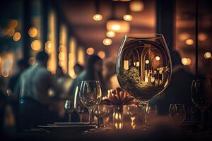 génératif ai illustration de une restaurant table avec une verre de blanc vin, doux d'or lumière, coûteux restaurant avec magnifique lumières dans le Contexte photo