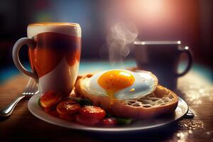 génératif ai illustration de frit des œufs et Bacon et hacher bruns et noir pudding et champignons et griller... photo