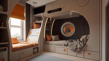 génératif ai illustration de futuriste intérieur conception, conception une chambre pour deux enfants, avec une couchette lit. photo