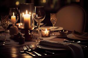 génératif ai illustration de une restaurant table avec une verre de blanc vin, doux d'or lumière, coûteux restaurant avec magnifique lumières dans le Contexte photo