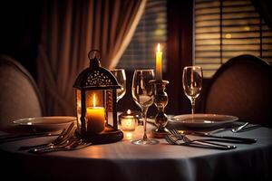 génératif ai illustration de une restaurant table avec une verre de blanc vin, doux d'or lumière, coûteux restaurant avec magnifique lumières dans le Contexte photo