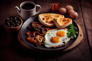 génératif ai illustration de frit des œufs et Bacon et hacher bruns et noir pudding et champignons et griller... photo