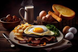 génératif ai illustration de frit des œufs et Bacon et hacher bruns et noir pudding et champignons et griller... photo