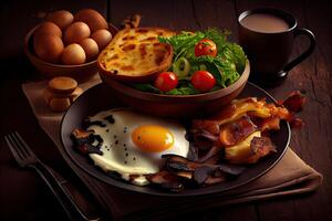 génératif ai illustration de frit des œufs et Bacon et hacher bruns et noir pudding et champignons et griller... photo