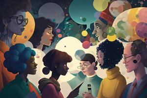 génératif ai illustration de une multivers de discours, une fantaisie monde où toutes les personnes pouvez parler, coloré, diverse avatars interagir avec chaque autre, Humain droits et aux femmes droits photo