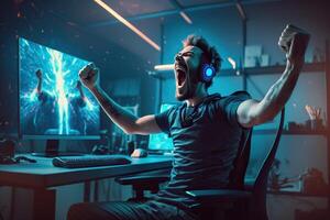 génératif ai illustration de professionnel esports joueur se réjouit dans le la victoire dans cyber Jeu chambre. joueur célébrer la victoire. gagnant une jeu. électronique des sports joueur se réjouit la victoire photo