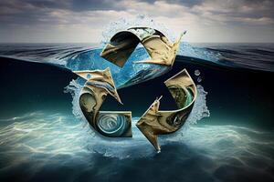 génératif ai illustration de recycler symbole dans le océan. photo réaliste, environnement questions, poubelle