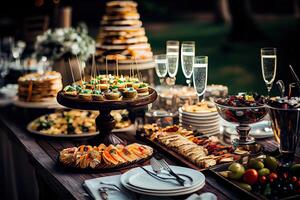 génératif ai illustration de portion table de une variété de délicieux de fête nourriture et du vin préparé pour un événement fête ou mariage. sélectif concentrer photo