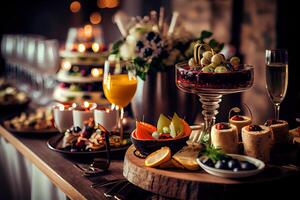 génératif ai illustration de portion table de une variété de délicieux de fête nourriture et du vin préparé pour un événement fête ou mariage. sélectif concentrer photo