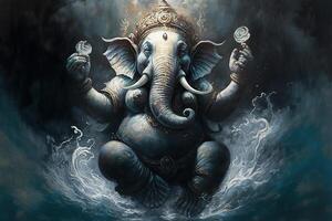 génératif ai illustration de ganesha hindou Dieu , avec fleurs, pétrole La peinture pris en haut dans paradis, séance dans de face de bokeh mandala Contexte photo