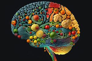 génératif ai illustration de Humain cerveau fabriqué de des fruits et des légumes. concept de nutritif nourriture pour cerveau santé et Mémoire photo