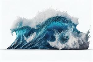 génératif ai illustration de bleu océan vagues avec blanc mousse, solide blanc Contexte photo