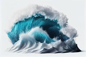 génératif ai illustration de bleu océan vagues avec blanc mousse, solide blanc Contexte photo