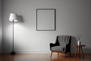 génératif ai illustration de fauteuil, café tableau, bois panneau, sol lampe, et Vide mur dans moderne minimaliste chambre. moquer en haut pour un illustration. photo