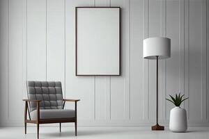 génératif ai illustration de fauteuil, café tableau, bois panneau, sol lampe, et Vide mur dans moderne minimaliste chambre. moquer en haut pour un illustration. photo