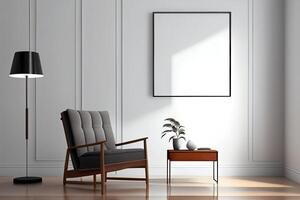 génératif ai illustration de fauteuil, café tableau, bois panneau, sol lampe, et Vide mur dans moderne minimaliste chambre. moquer en haut pour un illustration. photo