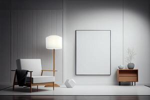 génératif ai illustration de fauteuil, café tableau, bois panneau, sol lampe, et Vide mur dans moderne minimaliste chambre. moquer en haut pour un illustration. photo