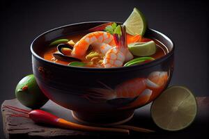 génératif ai illustration de appétissant bol de à M Miam soupe, épicé thaïlandais soupe avec crevette, fruit de mer, noix de coco Lait et le Chili poivre dans bol copie espace photo