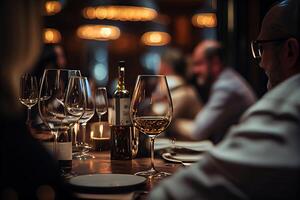 génératif ai illustration de une restaurant table avec une verre de blanc vin, doux d'or lumière, coûteux restaurant avec magnifique lumières dans le Contexte photo