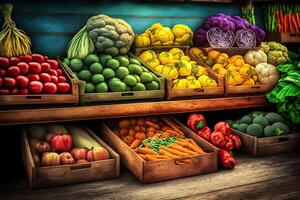 génératif ai illustration de légume agriculteur marché compteur coloré divers Frais biologique en bonne santé des légumes à épicerie magasin. en bonne santé Naturel nourriture concept photo