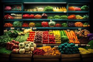 génératif ai illustration de légume agriculteur marché compteur coloré divers Frais biologique en bonne santé des légumes à épicerie magasin. en bonne santé Naturel nourriture concept photo