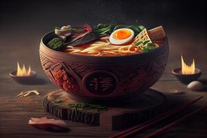 génératif ai illustration de le plus délicieux Japonais ramens, soja sauce ramen dans porc OS bouillon photo