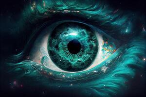 génératif ai illustration de une cosmique être, chaque œil est une neutron étoile, le sien bouche est une noir trou, et il donne de une malachite vert aura photo