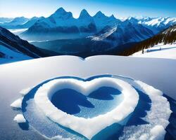 une cœur en forme de pièce de la glace avec montagnes dans le Contexte par ai généré photo