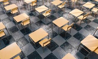 modèle de bureaux dans une salle de classe vue du dessus photo