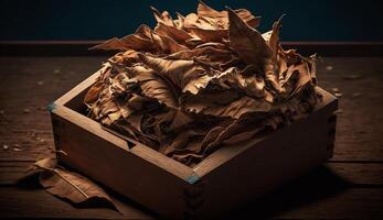 illustration de le tabac feuilles dans une en bois boîte, génératif ai photo