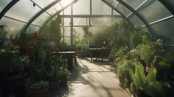 génératif ai, vert maison de le verre, verre de tente jardin avec une lot de les plantes. photoréaliste effet. photo