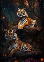 deux tigres séance ensemble sur des arbres branche génératif ai photo