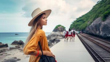 fille tandis que en voyageant magnifique portrait génératif ai photo