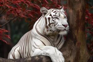 incroyable blanc tigre séance sur le rouge fleurs arbre génératif ai photo