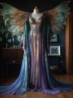 une magnifique ange robe avec violet et bleu ailes génératif ai photo