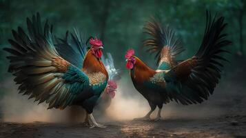 deux coq en jouant ensemble génératif ai photo