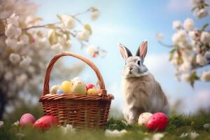 ai généré lapin avec panier et Pâques des œufs en plein air photo