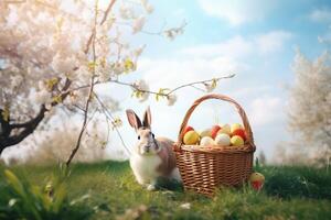 ai généré lapin avec panier et Pâques des œufs en plein air photo